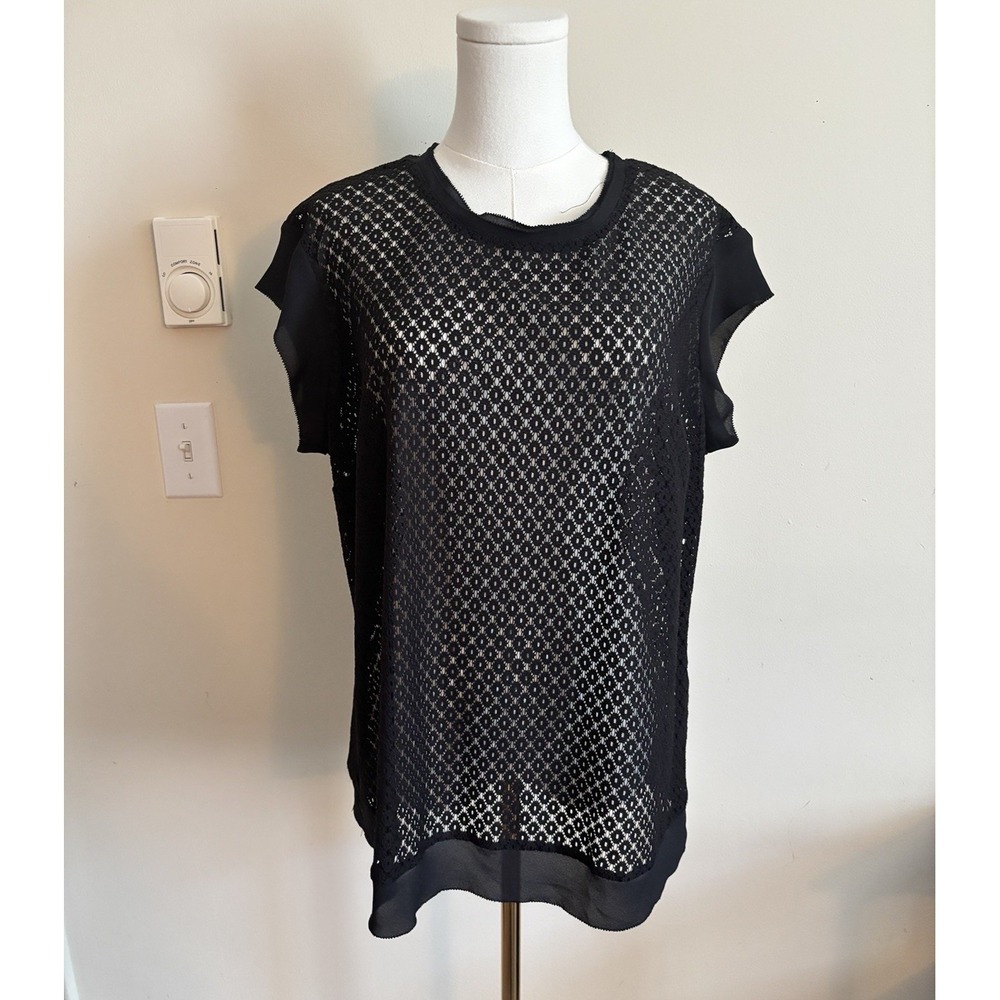 Vintage 2000s Y2K Black Mesh Lace Whimsigoth Top XL Romantic Soft Goth Stretch